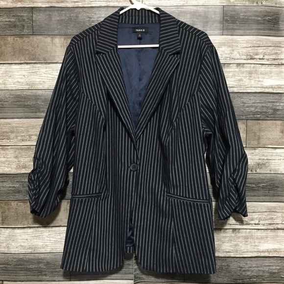 Torrid Striped Blazer Jacket Women’s 3 Navy Blue One Button - Picture 5 of 10